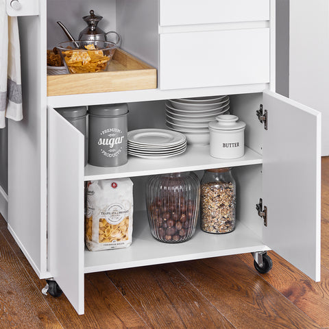 SoBuy FKW123-WN Keukenwagen met wieltjes, keukeneiland, dressoir, opbergkast, 1 afneembaar dienblad, 2 laden en 2 deuren