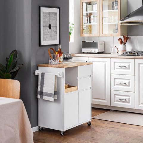 SoBuy FKW123-WN Keukenwagen met wieltjes, keukeneiland, dressoir, opbergkast, 1 afneembaar dienblad, 2 laden en 2 deuren