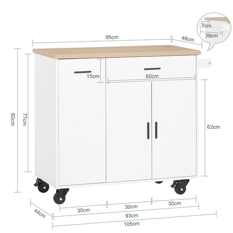 SoBuy FKW126-WN Keukenwagen met wieltjes, keukeneiland, serveerwagen, dressoir, kast, keuken, met 2 laden, 2 deuren, theedoekhouder