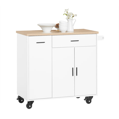 SoBuy FKW126-WN Keukenwagen met wieltjes, keukeneiland, serveerwagen, dressoir, kast, keuken, met 2 laden, 2 deuren, theedoekhouder