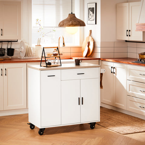 SoBuy FKW126-WN Keukenwagen met wieltjes, keukeneiland, serveerwagen, dressoir, kast, keuken, met 2 laden, 2 deuren, theedoekhouder