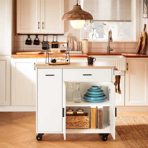 SoBuy FKW126-WN Keukenwagen met wieltjes, keukeneiland, serveerwagen, dressoir, kast, keuken, met 2 laden, 2 deuren, theedoekhouder