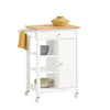 SoBuy FKW46-WN Keukentrolley Wit – Serveerwagen met Massief Houten Blad, Lade, Kast en 3 Planken