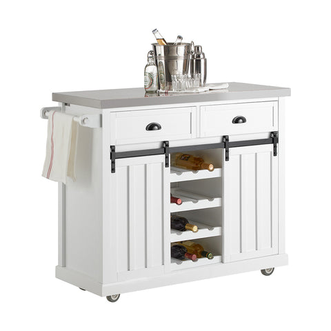 SoBuy FKW94-W Design Dressoir Mobiele Keukenkast Opbergruimte Keukenwage met RVS Plaat Flessenrek 2 Schuifdeuren en 2 Lades - Wit 116x46x95cm (bxlxh)