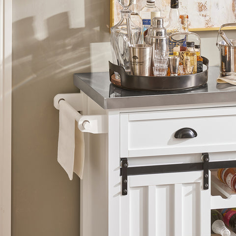 SoBuy FKW94-W Design Dressoir Mobiele Keukenkast Opbergruimte Keukenwage met RVS Plaat Flessenrek 2 Schuifdeuren en 2 Lades - Wit 116x46x95cm (bxlxh)