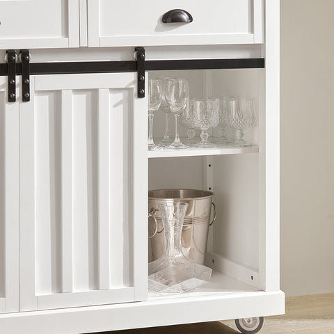 SoBuy FKW94-W Design Dressoir Mobiele Keukenkast Opbergruimte Keukenwage met RVS Plaat Flessenrek 2 Schuifdeuren en 2 Lades - Wit 116x46x95cm (bxlxh)