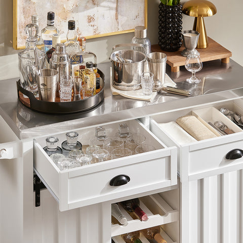 SoBuy FKW94-W Design Dressoir Mobiele Keukenkast Opbergruimte Keukenwage met RVS Plaat Flessenrek 2 Schuifdeuren en 2 Lades - Wit 116x46x95cm (bxlxh)