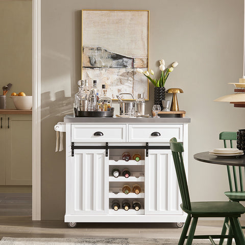 SoBuy FKW94-W Design Dressoir Mobiele Keukenkast Opbergruimte Keukenwage met RVS Plaat Flessenrek 2 Schuifdeuren en 2 Lades - Wit 116x46x95cm (bxlxh)
