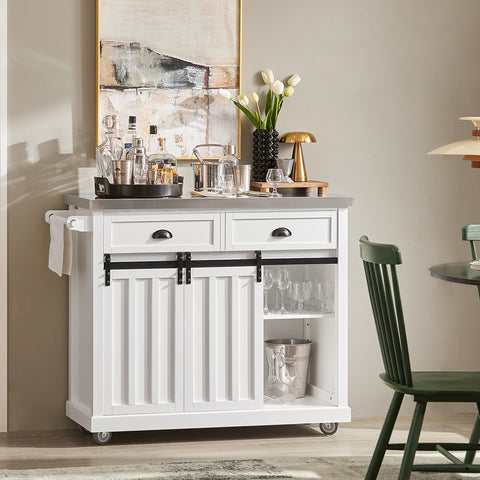 SoBuy FKW94-W Design Dressoir Mobiele Keukenkast Opbergruimte Keukenwage met RVS Plaat Flessenrek 2 Schuifdeuren en 2 Lades - Wit 116x46x95cm (bxlxh)