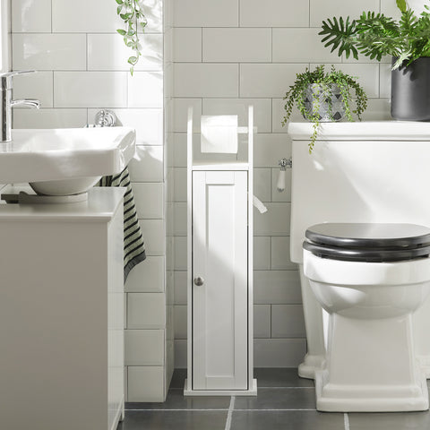 SoBuy FRG135-W Toiletrolhouder Vrijstaand Badkamermeubel Toiletborstel Wit