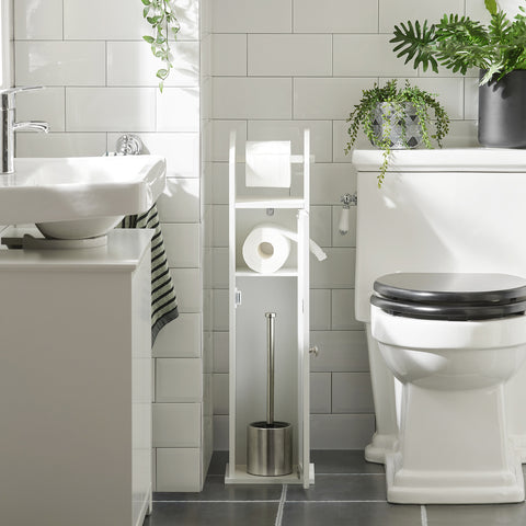SoBuy FRG135-W Toiletrolhouder Vrijstaand Badkamermeubel Toiletborstel Wit