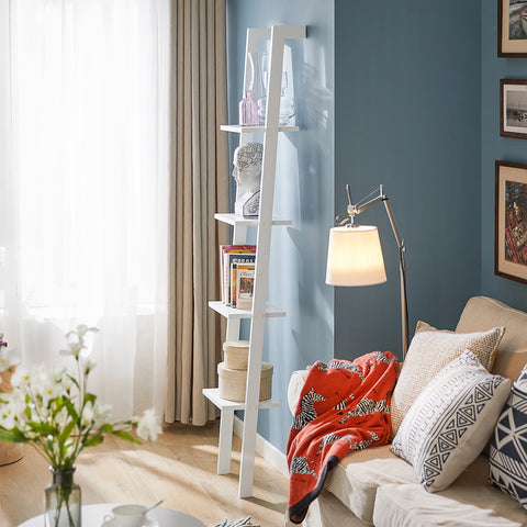 SoBuy FRG15-W Ladderrek - Opbergplank - Decoratie - Veelzijdig - Ladderplank - Boekenkasten