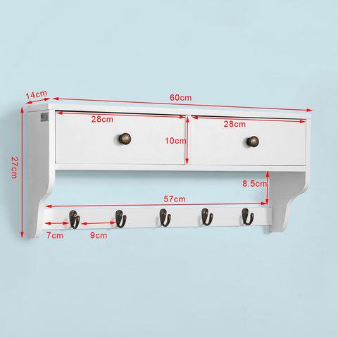 SoBuy FRG178-W wandkast wandgarderobe wandrek hangrek met 2 laden en 5 haken wit