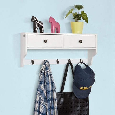 SoBuy FRG178-W wandkast wandgarderobe wandrek hangrek met 2 laden en 5 haken wit