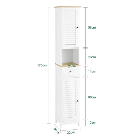 SoBuy FRG236-WN Badkamer-hoge kast badkamerrek badkamermeubel met 1 open vak, 1 lade en deuren wit natuur