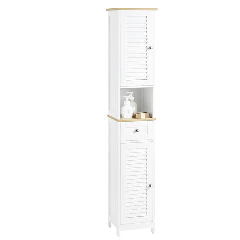 SoBuy FRG236-WN Badkamer-hoge kast badkamerrek badkamermeubel met 1 open vak, 1 lade en deuren wit natuur
