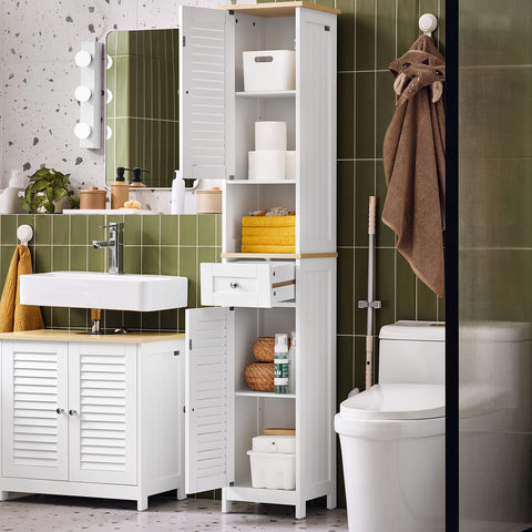 SoBuy FRG236-WN Badkamer-hoge kast badkamerrek badkamermeubel met 1 open vak, 1 lade en deuren wit natuur