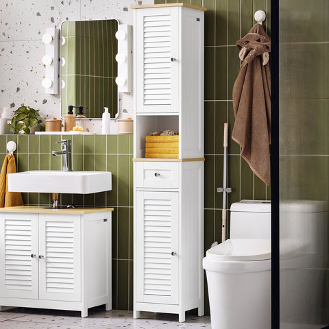 SoBuy FRG236-WN Badkamer-hoge kast badkamerrek badkamermeubel met 1 open vak, 1 lade en deuren wit natuur
