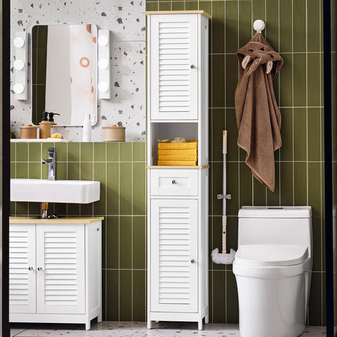 SoBuy FRG236-WN Badkamer-hoge kast badkamerrek badkamermeubel met 1 open vak, 1 lade en deuren wit natuur