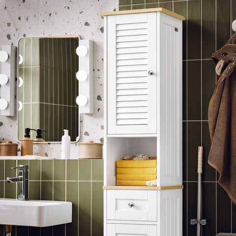 SoBuy FRG236-WN Badkamer-hoge kast badkamerrek badkamermeubel met 1 open vak, 1 lade en deuren wit natuur