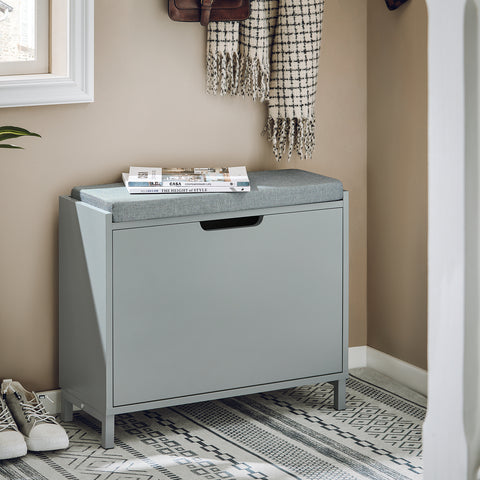 SoBuy FSR151-K-HG Schoenenbank, schoenenkast, halmeubel, kist met 1 klep en 1 kussen, grijs, 60 x 24 x 52 cm (l x d x h)
