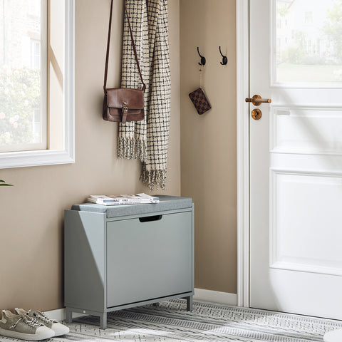 SoBuy FSR151-K-HG Schoenenbank, schoenenkast, halmeubel, kist met 1 klep en 1 kussen, grijs, 60 x 24 x 52 cm (l x d x h)