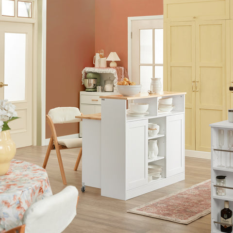 SoBuy FSB36-WN dressoir met schuifdeuren keukeneiland met uitbreidbaar werkblad keukenkast highboard commode kast wit