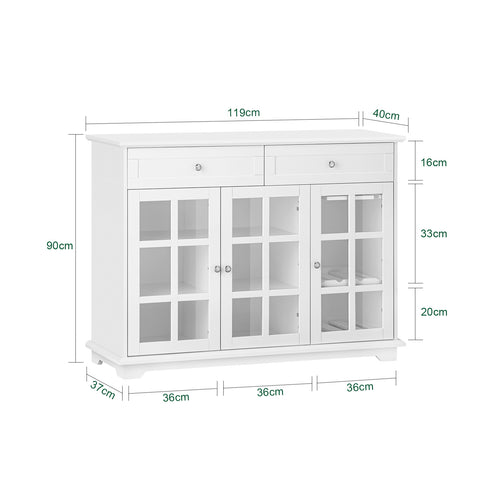SoBuy FSB77-W Keukenkast, Dressoir, Buffet, Buffetkast, Keukeneiland, Keukenrek, Bijzetkast, Zijkant, 3 Glazen Deuren, 2 Laden