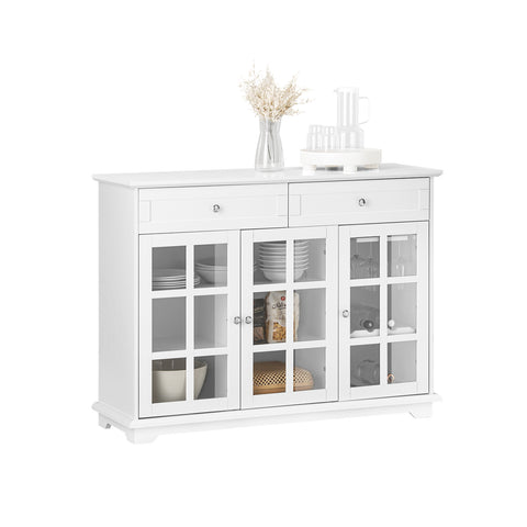 SoBuy FSB77-W Keukenkast, Dressoir, Buffet, Buffetkast, Keukeneiland, Keukenrek, Bijzetkast, Zijkant, 3 Glazen Deuren, 2 Laden