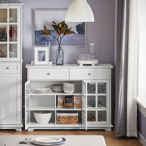SoBuy FSB77-W Keukenkast, Dressoir, Buffet, Buffetkast, Keukeneiland, Keukenrek, Bijzetkast, Zijkant, 3 Glazen Deuren, 2 Laden