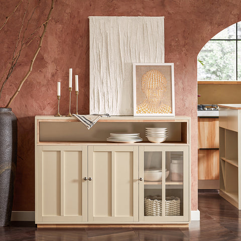SoBuy FSB81-MI Keukeneiland, Keukenkast, Keukenrek, Keuken Werktafel, Buffetkast, Dressoir met 2 Glazen Deuren, 2 Laden, 1 Compartiment