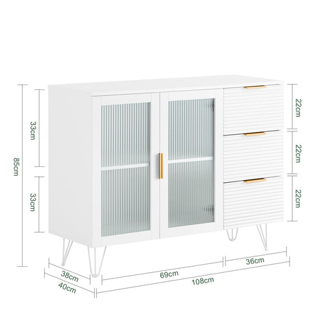 SoBuy FSB86-W Commode, Opbergkast, Dressoir voor Keuken, Eetkamer, Woonkamer,  met 3 Laden en 2 Glazen Deuren