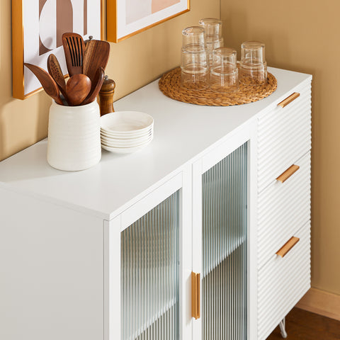 SoBuy FSB86-W Commode, Opbergkast, Dressoir voor Keuken, Eetkamer, Woonkamer,  met 3 Laden en 2 Glazen Deuren