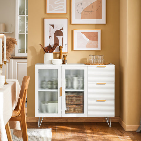 SoBuy FSB86-W Commode, Opbergkast, Dressoir voor Keuken, Eetkamer, Woonkamer,  met 3 Laden en 2 Glazen Deuren