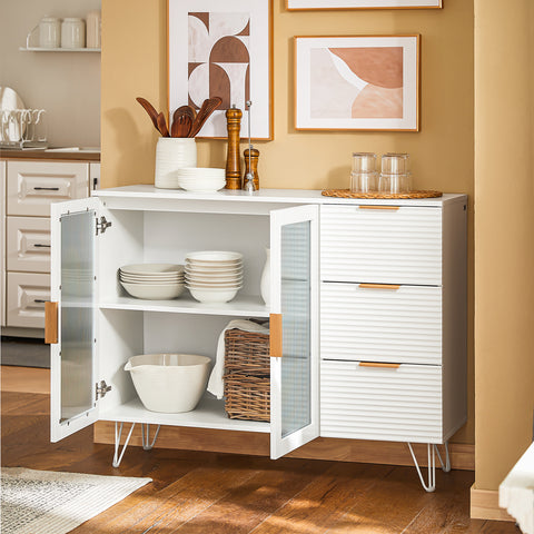 SoBuy FSB86-W Commode, Opbergkast, Dressoir voor Keuken, Eetkamer, Woonkamer,  met 3 Laden en 2 Glazen Deuren