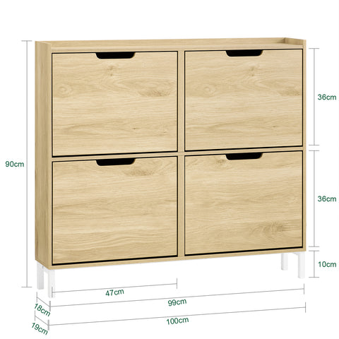 SoBuy FSR100-N Schoenenkast met 4 kantelende vakken, smal schoenenrek met 8 legplanken, naturel, b x h x d: ca. 100 x 90 x 19 cm