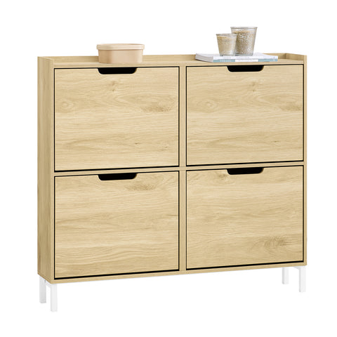 SoBuy FSR100-N Schoenenkast met 4 kantelende vakken, smal schoenenrek met 8 legplanken, naturel, b x h x d: ca. 100 x 90 x 19 cm