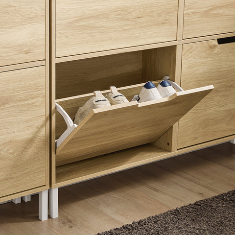SoBuy FSR100-N Schoenenkast met 4 kantelende vakken, smal schoenenrek met 8 legplanken, naturel, b x h x d: ca. 100 x 90 x 19 cm
