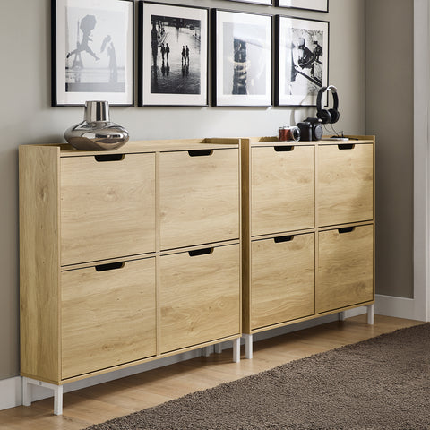 SoBuy FSR100-N Schoenenkast met 4 kantelende vakken, smal schoenenrek met 8 legplanken, naturel, b x h x d: ca. 100 x 90 x 19 cm