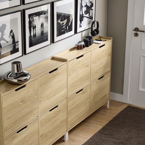 SoBuy FSR100-N Schoenenkast met 4 kantelende vakken, smal schoenenrek met 8 legplanken, naturel, b x h x d: ca. 100 x 90 x 19 cm