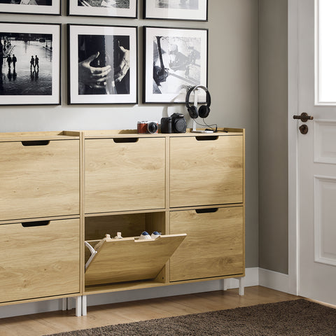 SoBuy FSR100-N Schoenenkast met 4 kantelende vakken, smal schoenenrek met 8 legplanken, naturel, b x h x d: ca. 100 x 90 x 19 cm