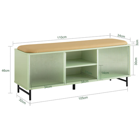 SoBuy FSR115-GR Schoenenbank, Schoenenkast, Schoenenrek met Zitkussen, Entree Meubilair met 4 Vakken en 2 Glazen Schuifdeuren