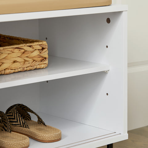 SoBuy FSR116-W Schoenenbank, Schoenenkast, Schoenenrek met Zitkussen, Entree Meubilair met 2 Schuifdeuren en 4 Planken
