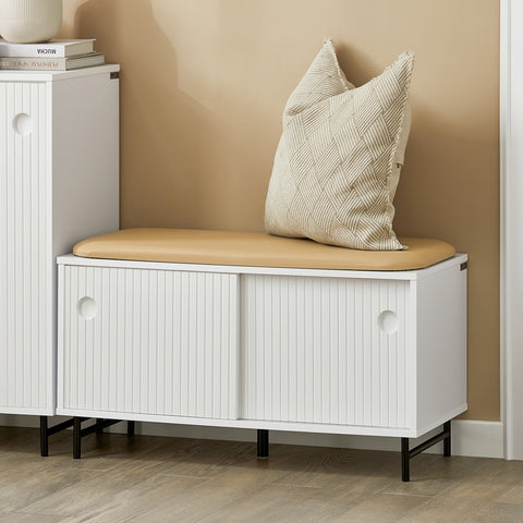 SoBuy FSR116-W Schoenenbank, Schoenenkast, Schoenenrek met Zitkussen, Entree Meubilair met 2 Schuifdeuren en 4 Planken