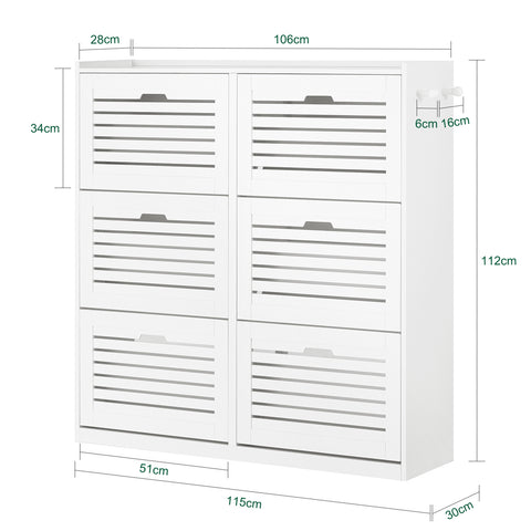 SoBuy FSR145-W Schoenenkast met 6 Kleppen, Schoenencommode met 2 Haken, Schoenenrek, Schoenenkist, Gangkast