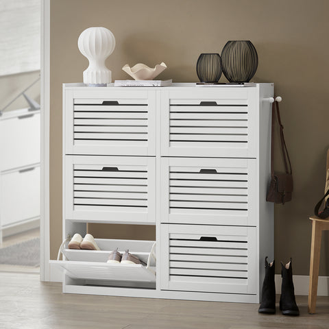 SoBuy FSR145-W Schoenenkast met 6 Kleppen, Schoenencommode met 2 Haken, Schoenenrek, Schoenenkist, Gangkast