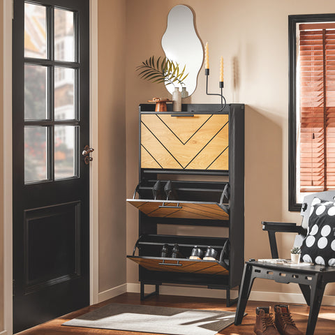 SoBuy FSR164-SCH Schoenenkast, schoenenkast, 3 kleppen, ingangsmeubels, schoenenrek op voet, 62 x 24 x 125 cm