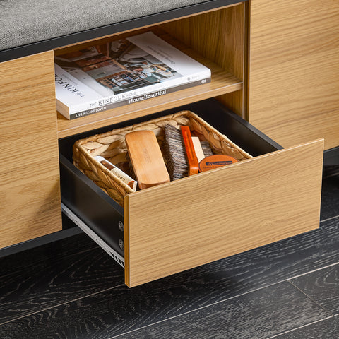 SoBuy FSR175-N Schoenbank met 2 kleppen en 1 schuifladen zitbank schoenencommode schoenenrek natuur BHT ca. 110x44x35cm