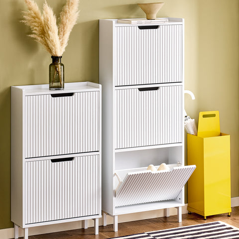 SoBuy FSR177-H-W Schoenenkast met 3 kleppen schoenenkast smal schoenenrek met 6 legvlakken schoenencommode schoenenrek wit