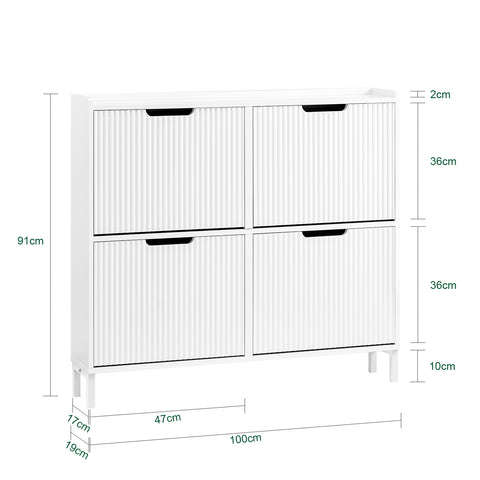SoBuy FSR177-L-W Schoenenkast met 4 kleppen schoenenkast smal schoenenrek met 8 legplanken schoenencommode schoenenrek wit